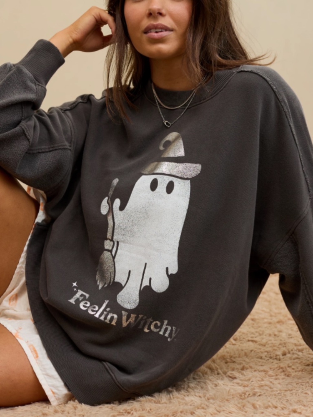 Aerie - Halloween Big Chill Gray Feeling Witchy Ghost Silver Crew SweatshirtXXL